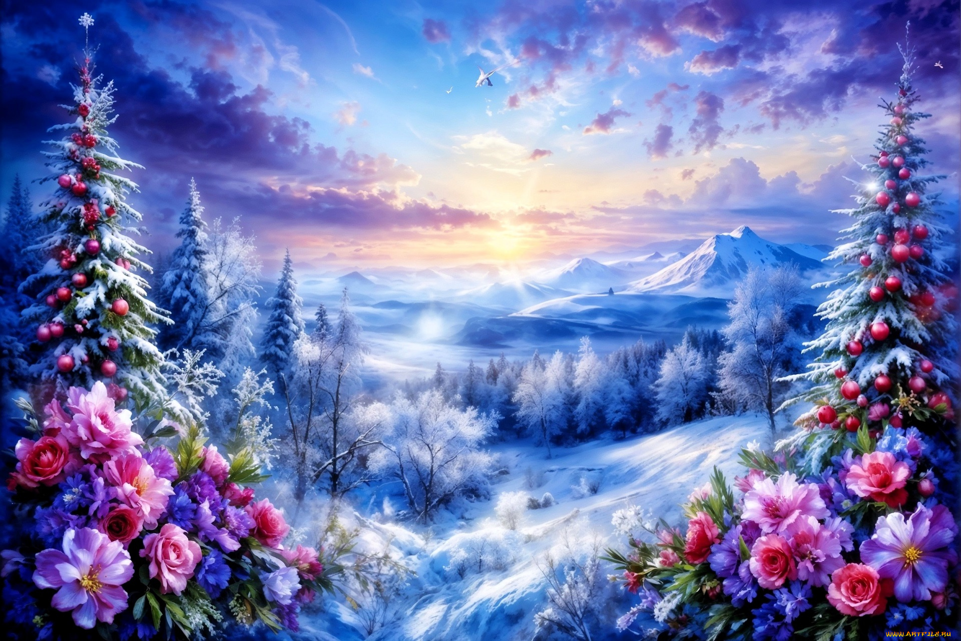 праздничные, 3д, графика, , новый, год, лес, снег, ёлки, шарики, цветы, горы