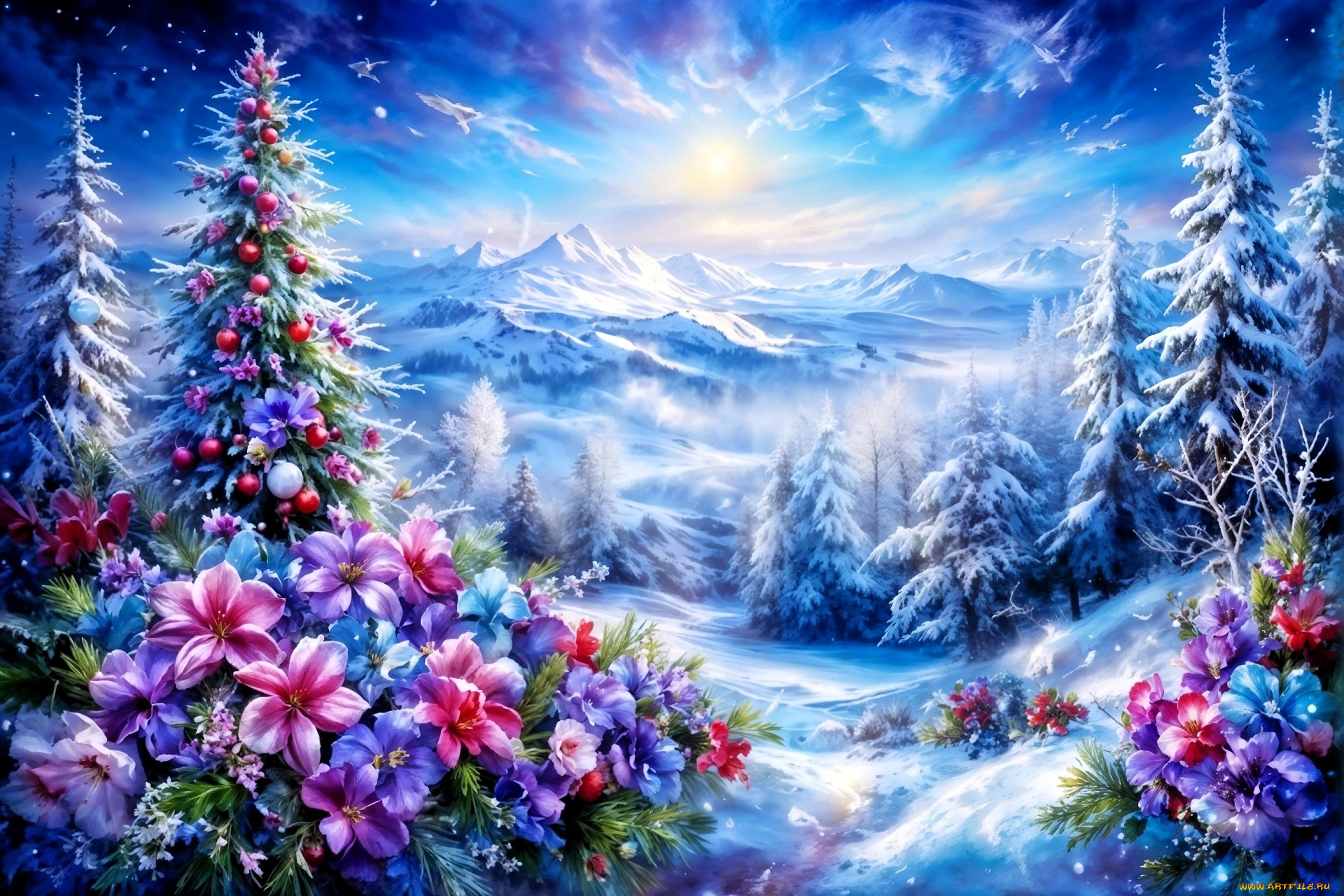 праздничные, 3д, графика, , новый, год, лес, снег, ёлки, шарики, цветы, горы