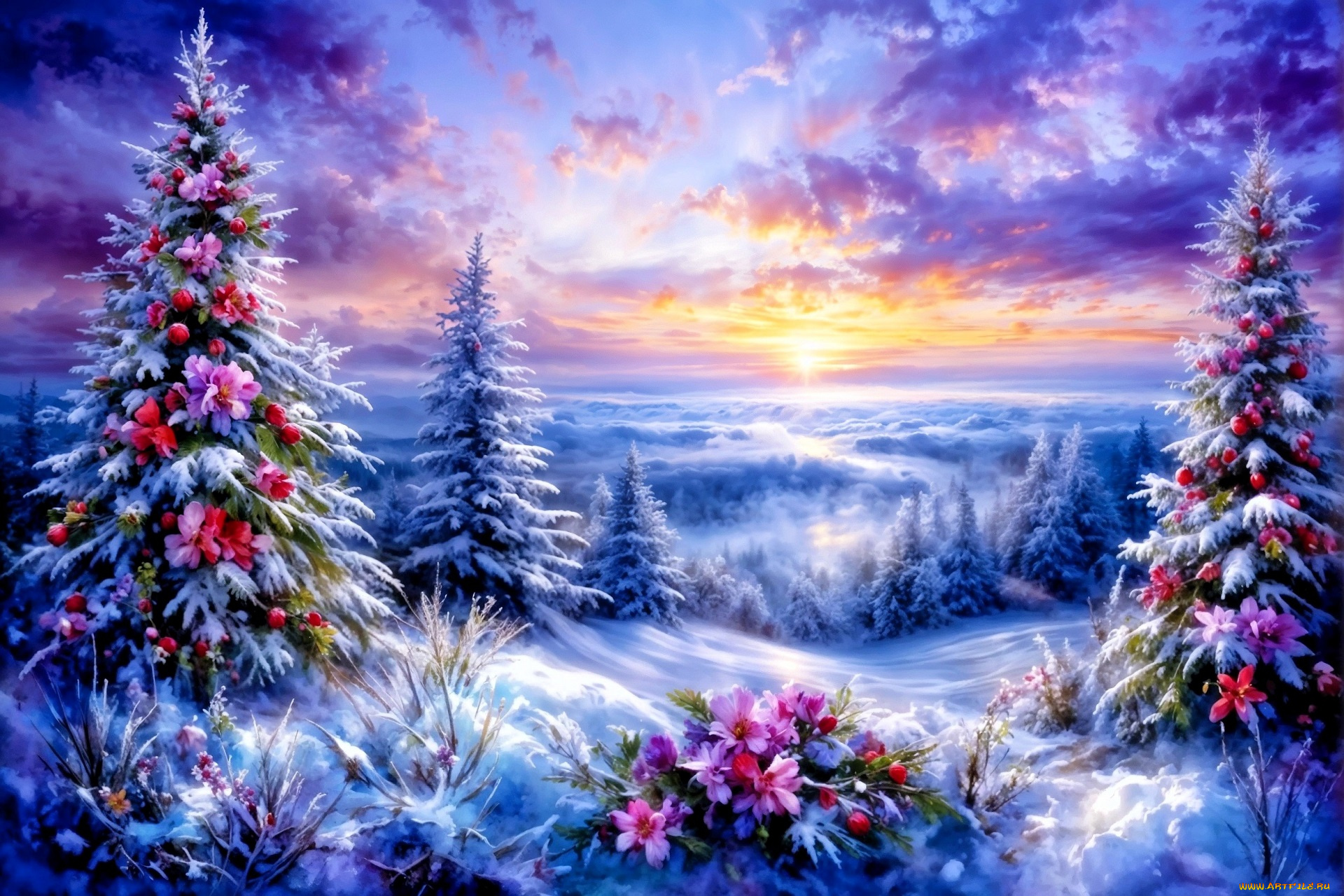 праздничные, 3д, графика, , новый, год, лес, снег, ёлки, шарики, цветы