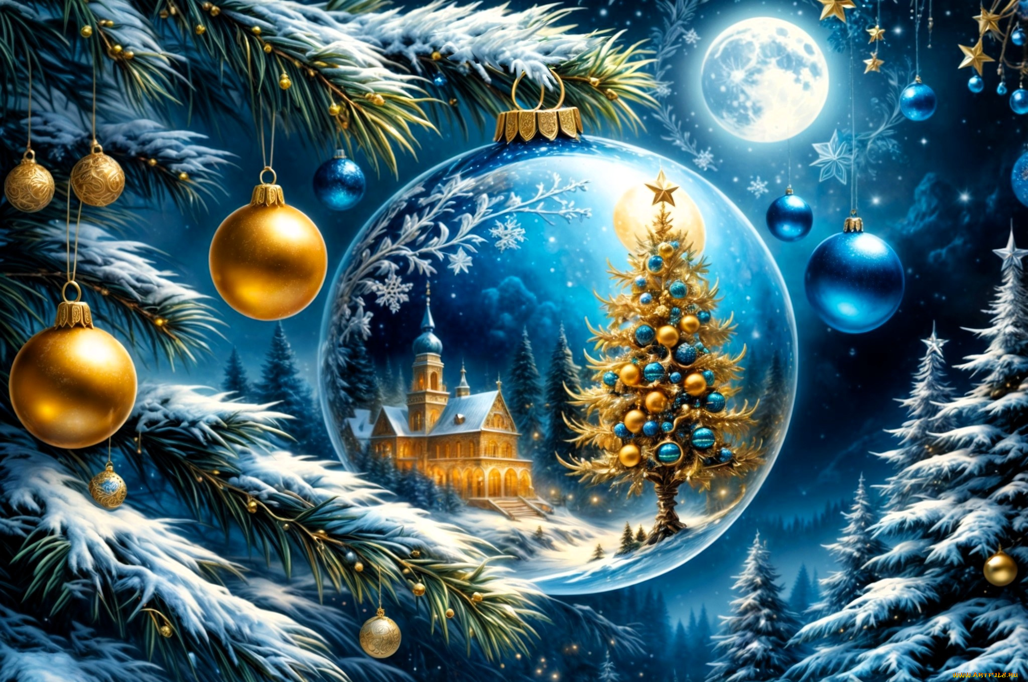 праздничные, 3д, графика, , новый, год, ёлка, шарики, украшения, снег, храм, луна