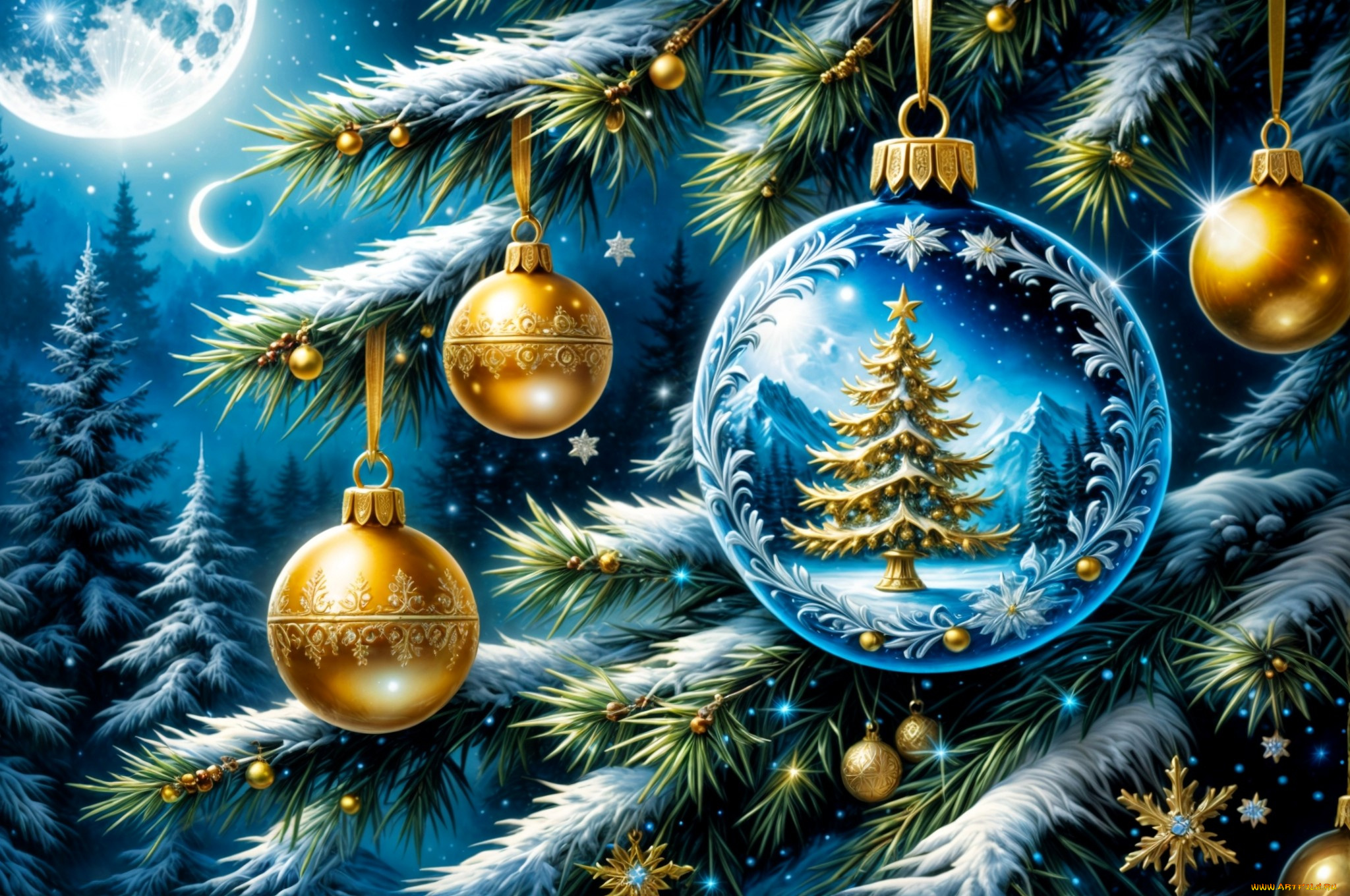 праздничные, 3д, графика, , новый, год, ёлка, шарики, украшения, снег