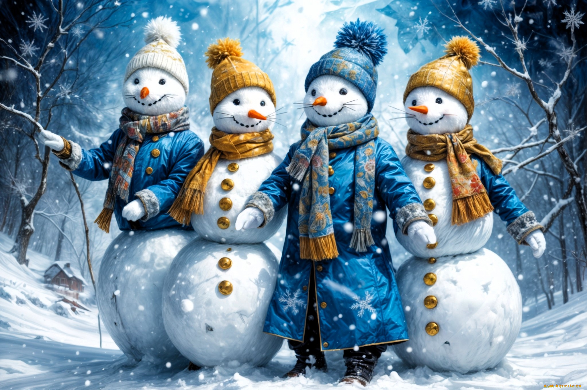 праздничные, снеговики, шапки, усы, куртки, шарфы