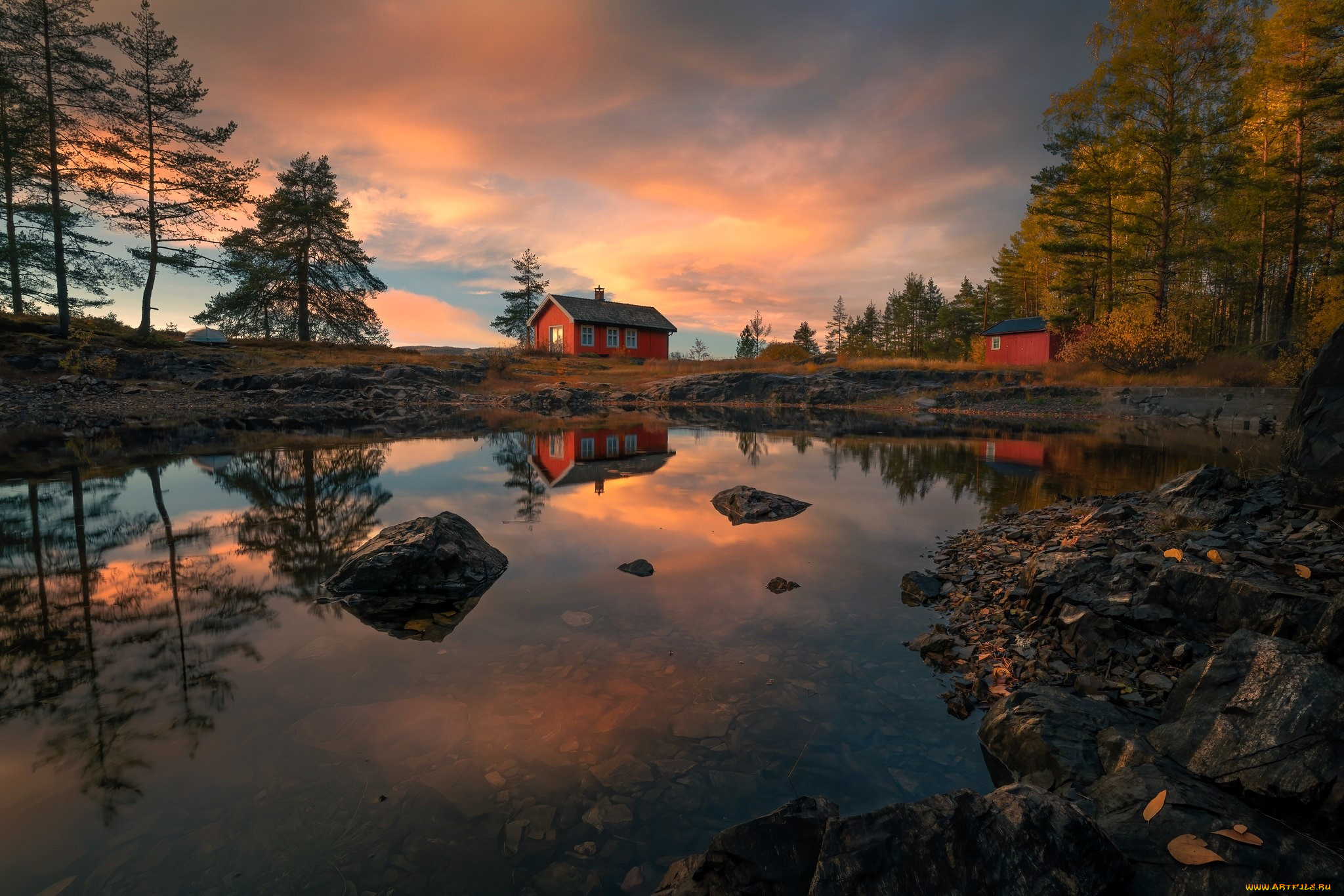 ringerike, , norway, города, -, здания, , дома, деревья, дома, осень, озеро, камни