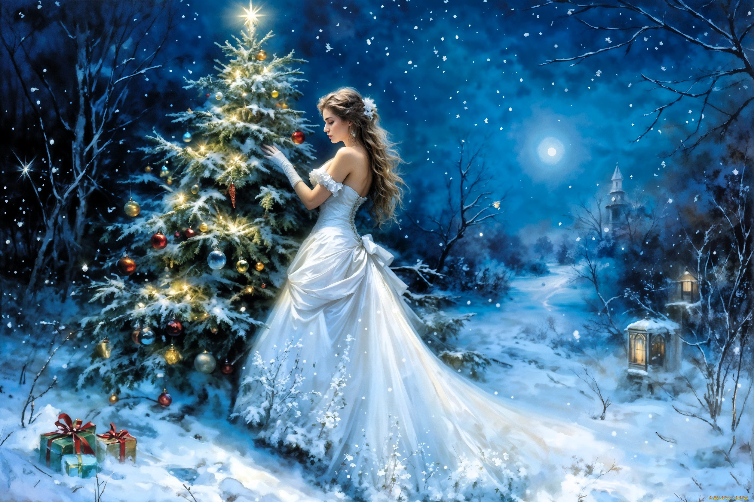 фэнтези, девушки, ёлка, лес, украшения, девушка, платье, снег, подарки, фонарики