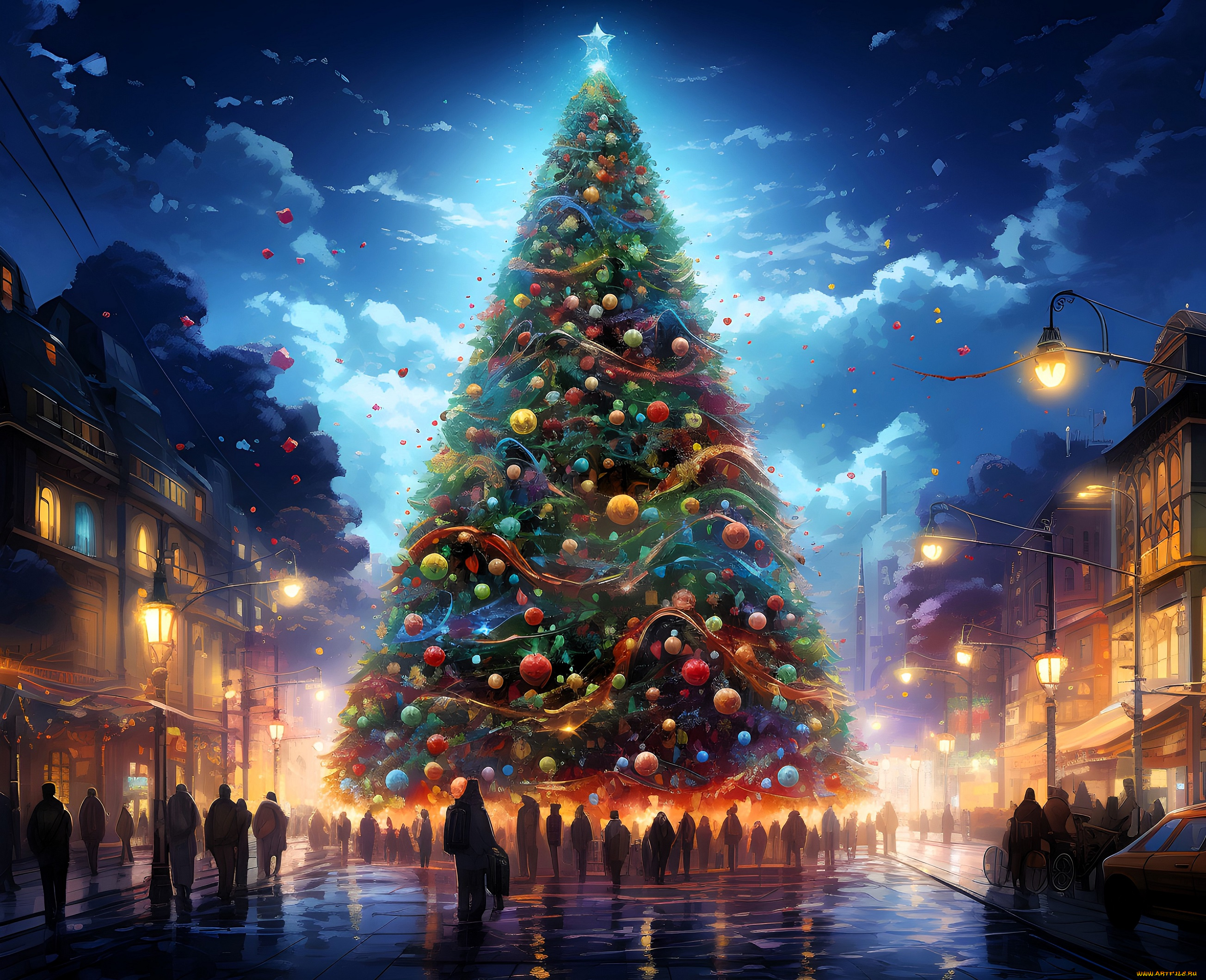 рисованное, праздники, новый, год, ёлка, люди, фонари, дома