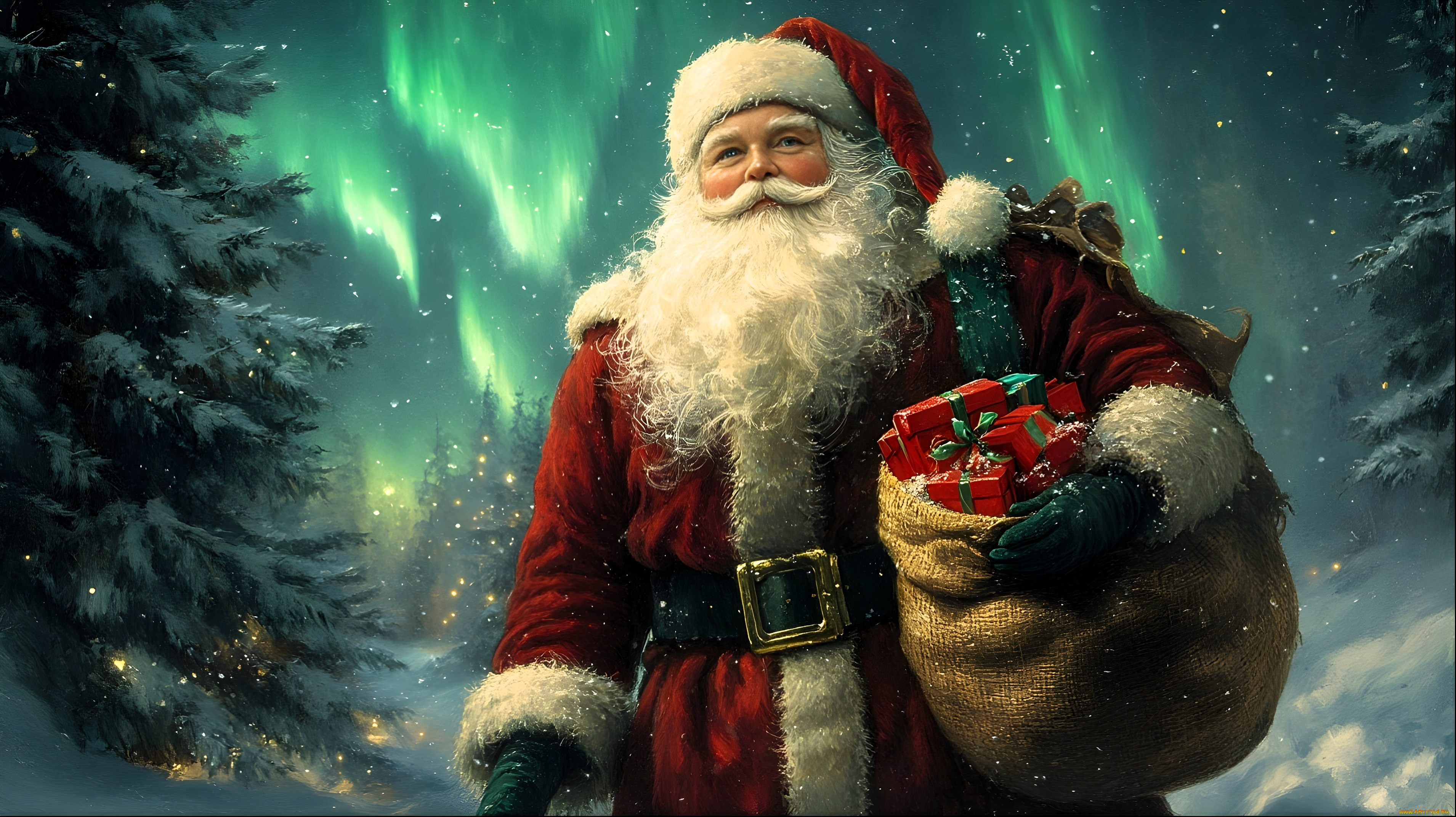 праздничные, дед, мороз, , санта, клаус, санта, клаус, мешок, подарки, лес, снег, северное, сияние