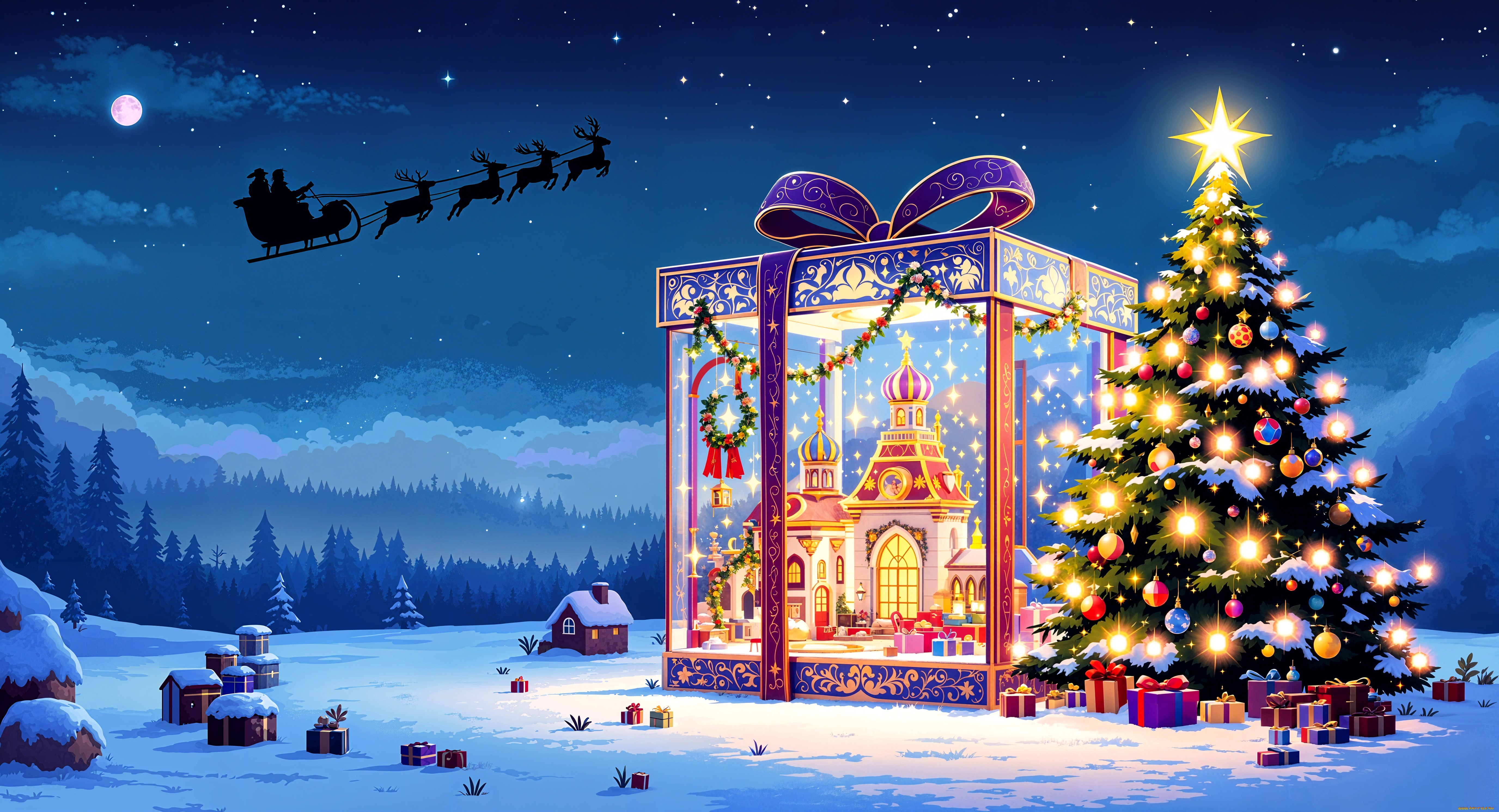 праздничные, 3д, графика, , новый, год, ёлка, огни, украшения, подарки, дом, олени, сани