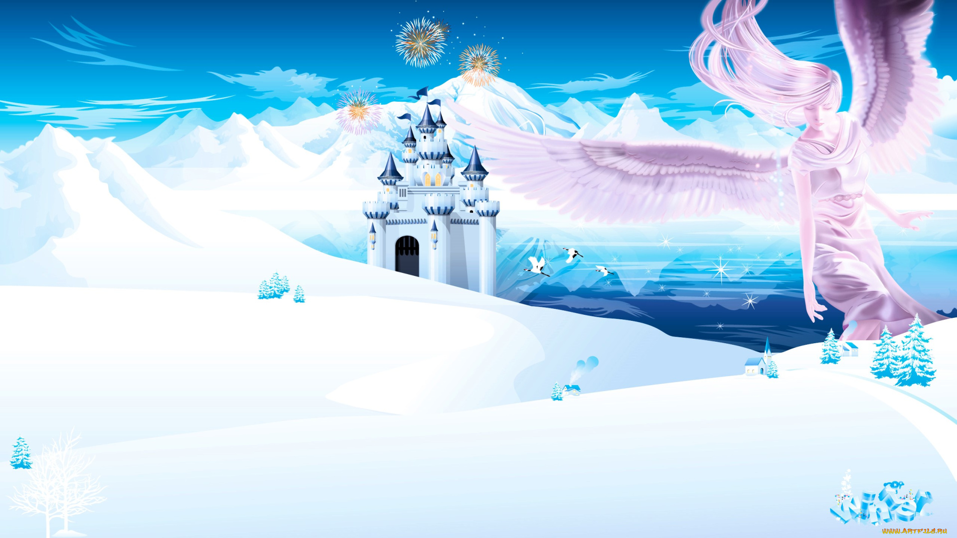 фэнтези, ангелы, ангел, зима, снег, замок, море