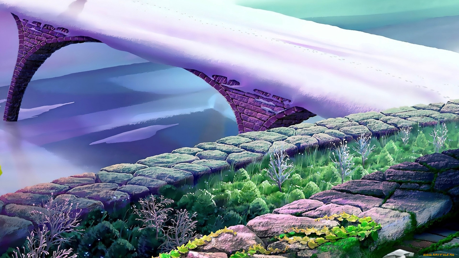 фэнтези, _kagaya, мост, снег, река, берег, растения, девушка, собака