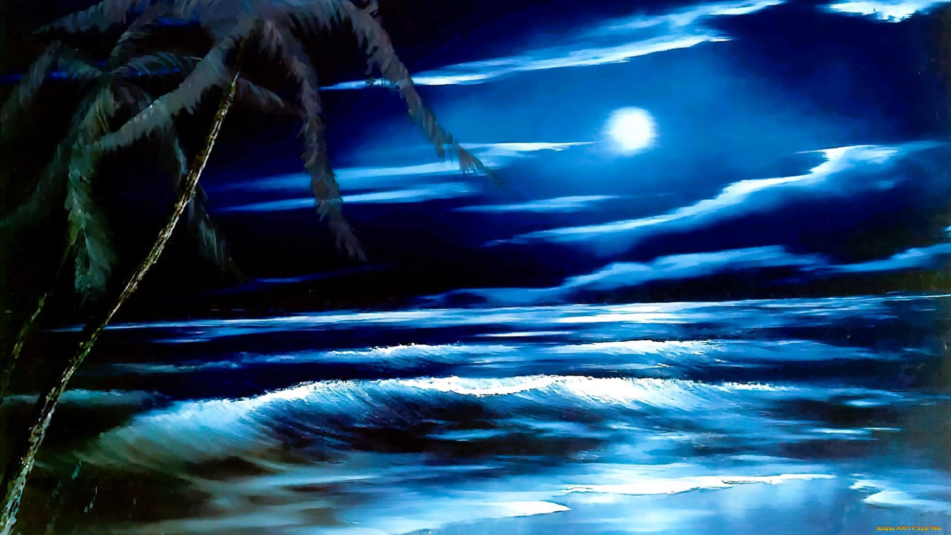 рисованное, bob, ross, пальма, море, ночь, луна