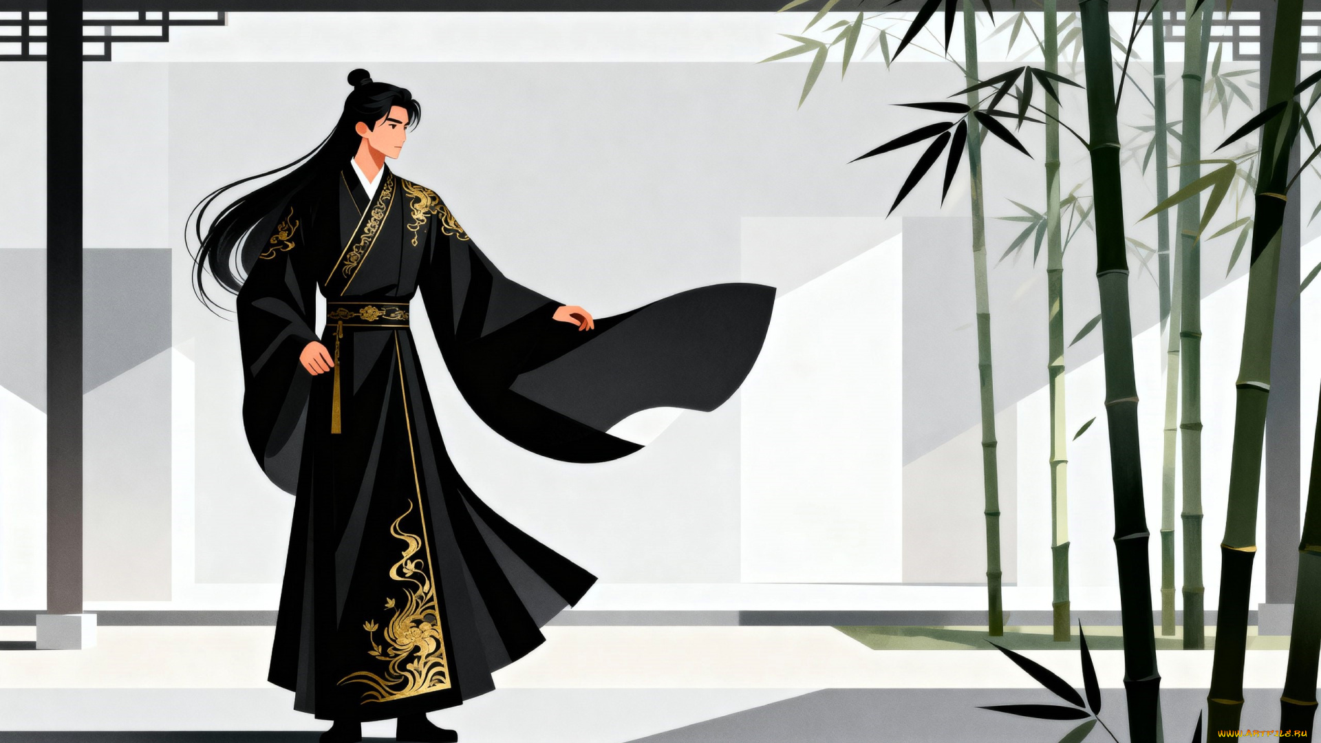 рисованное, люди, парень, китай, наряд, бамбук