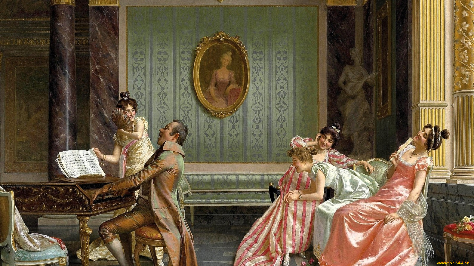 рисованное, vittorio, reggianini, дамы, мужчина, пианино, салон