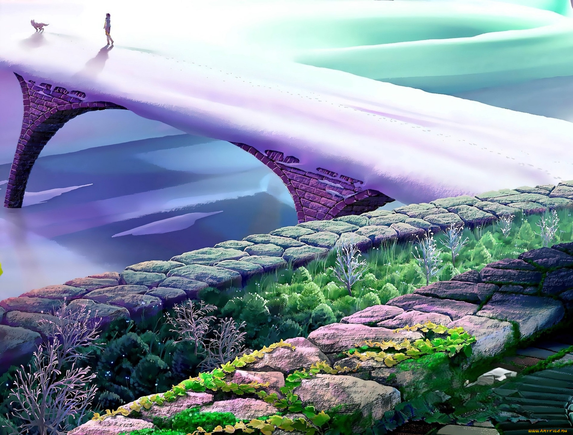 фэнтези, _kagaya, мост, снег, река, берег, растения, девушка, собака