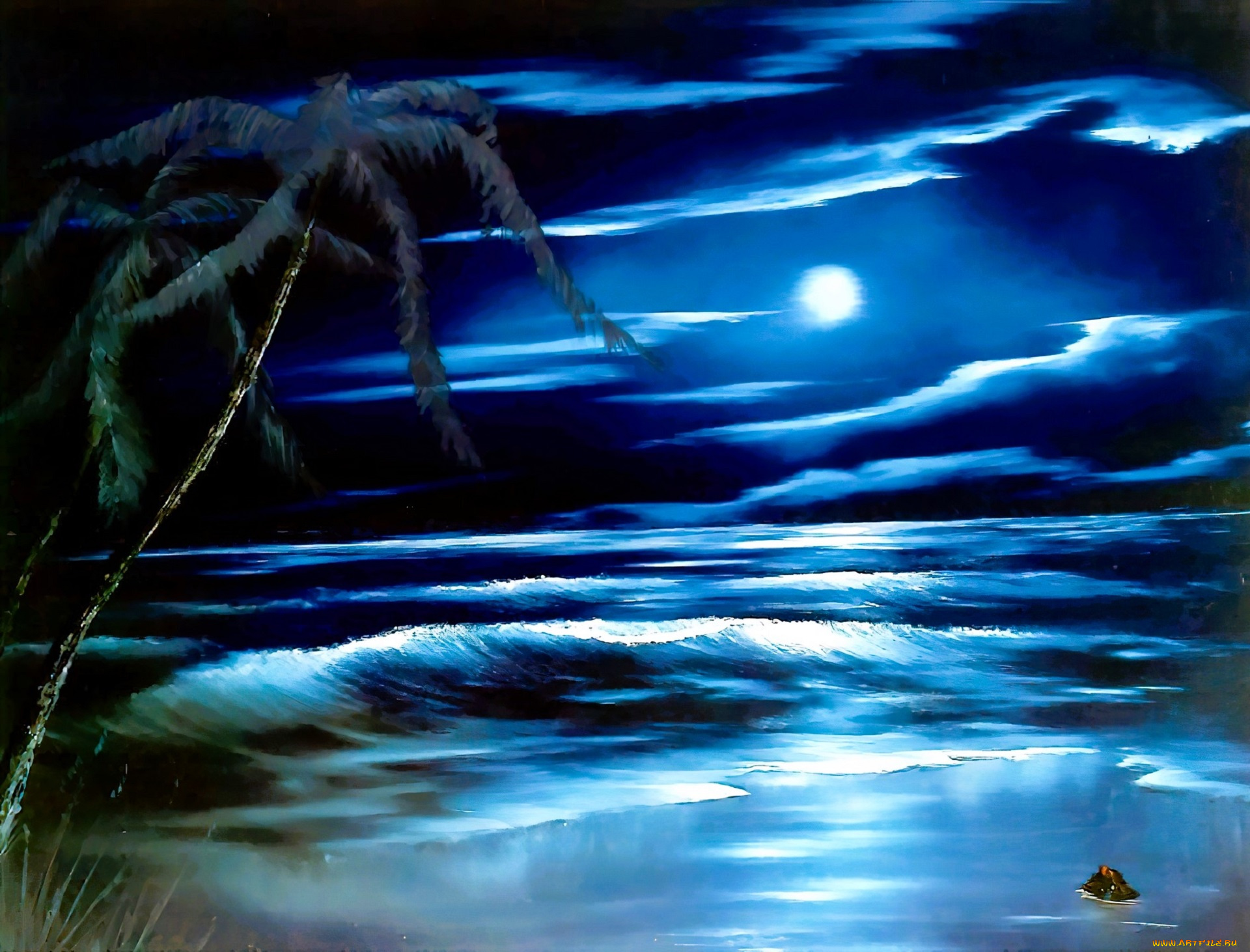 рисованное, bob, ross, пальма, море, ночь, луна