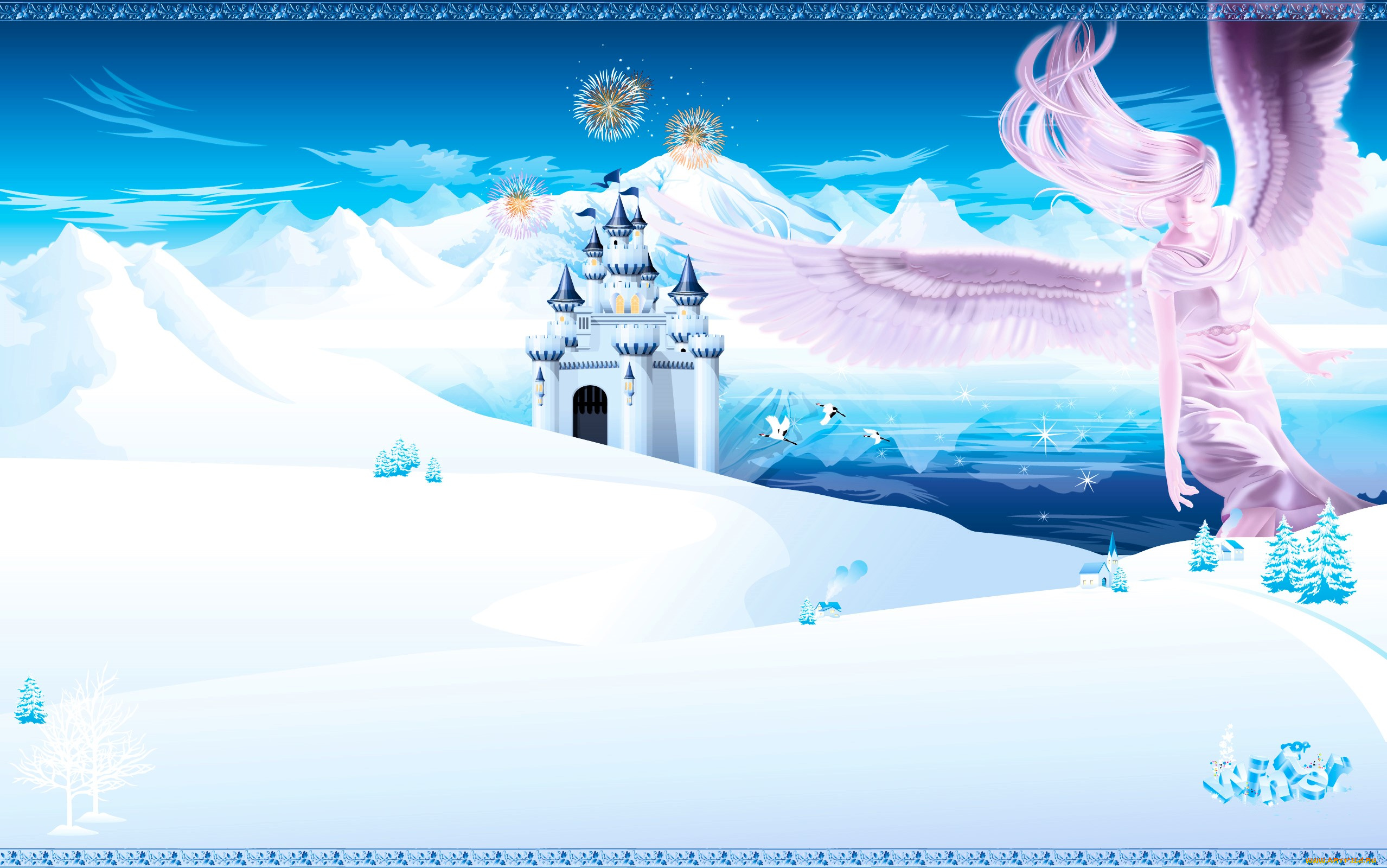 фэнтези, ангелы, ангел, зима, снег, замок, море