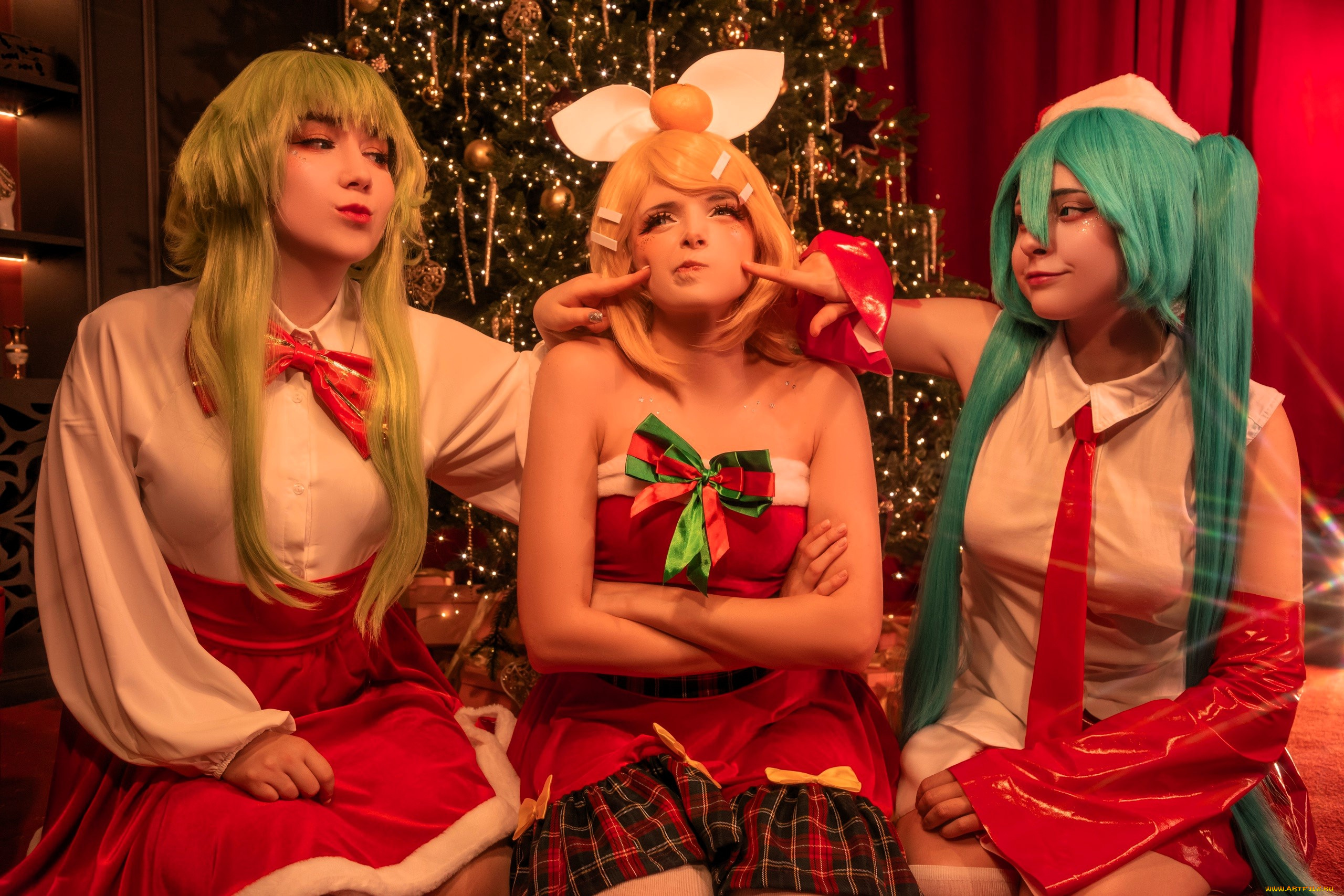 девушки, mari, aisu, подруги, образы, косплей, наряды, костюмы, новый, год, ёлка