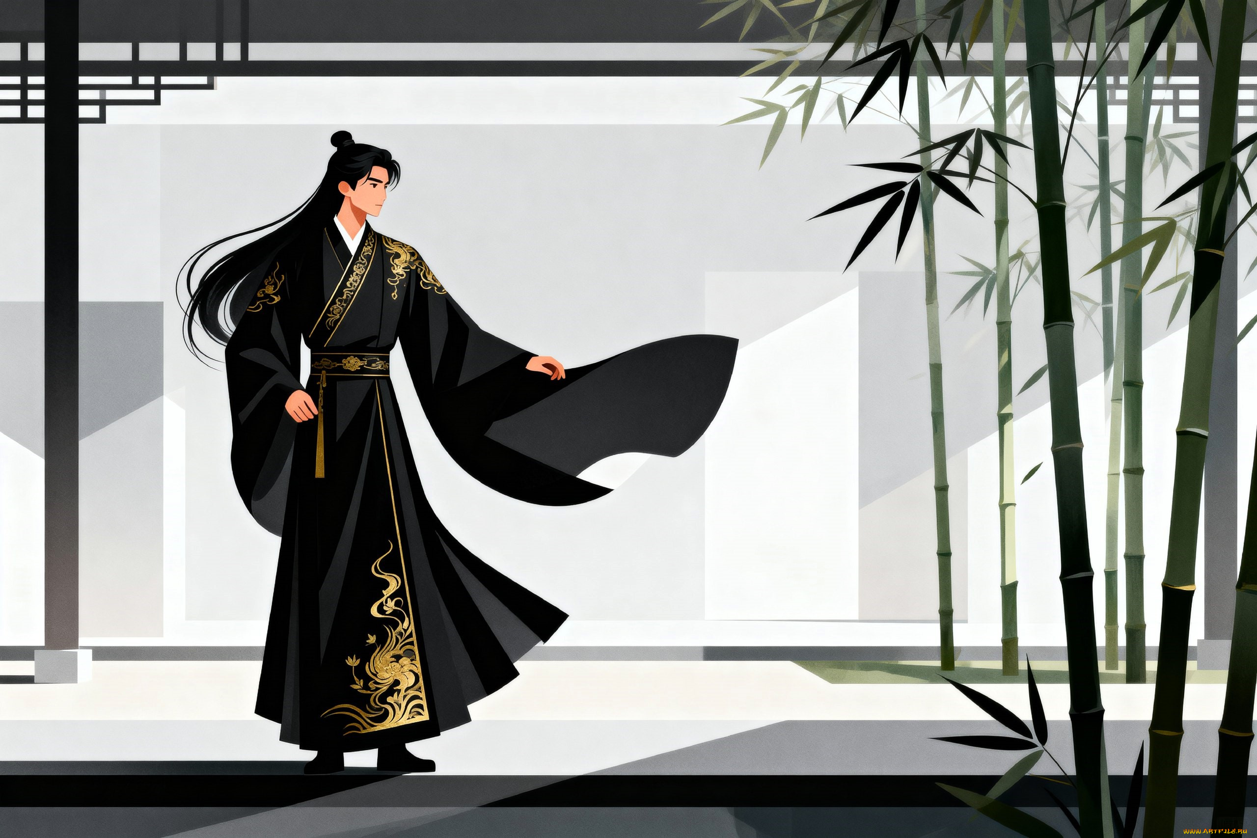 рисованное, люди, парень, китай, наряд, бамбук